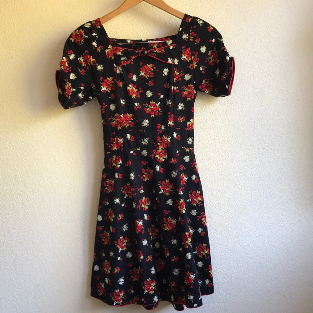 Modcloth Black Floral A-Line Dress with Red & White Flowers